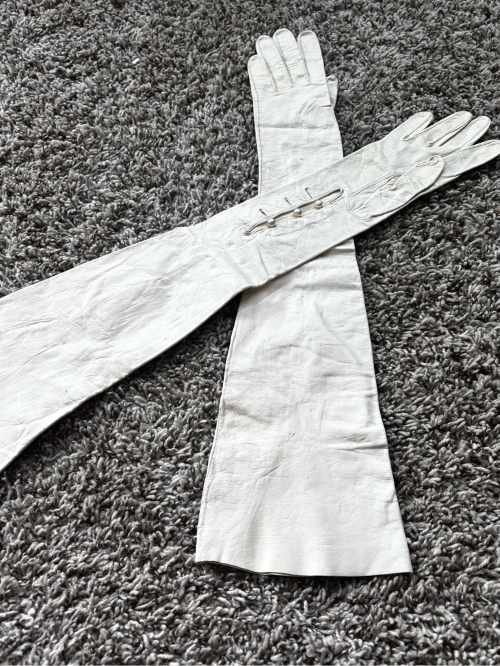 Long White Leather Opera Gloves with Loop Button Detail